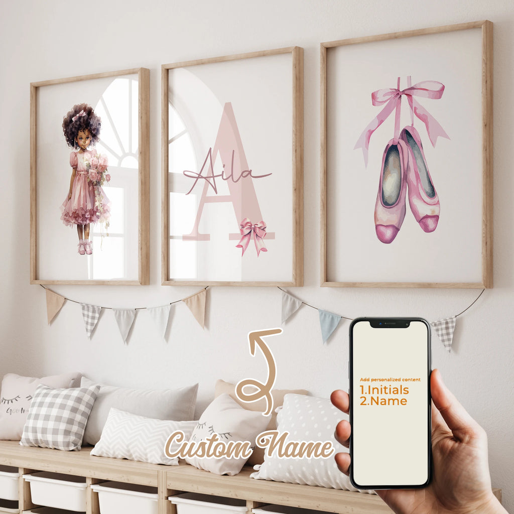 3pcs Personalized Custom Name Cartoon Child Pink Bow Wall Art Print Picture Canvas Poster Painting For Living Room Home Decor