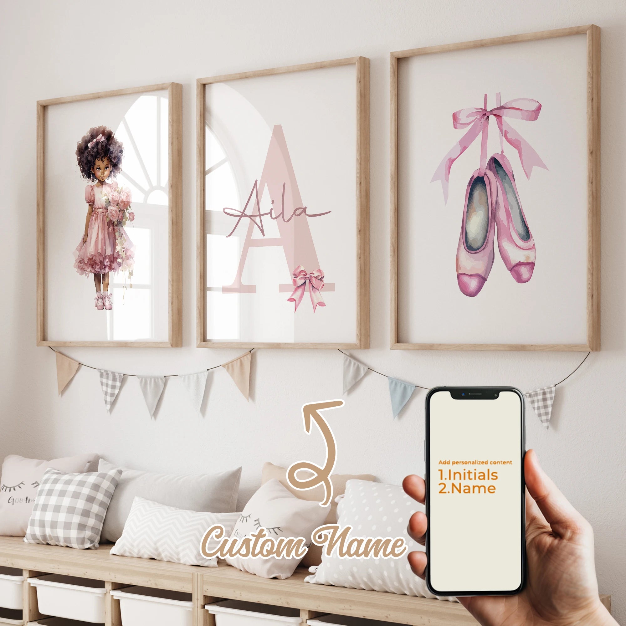3pcs Personalized Custom Name Cartoon Child Pink Bow Wall Art Print Picture Canvas Poster Painting For Living Room Home Decor