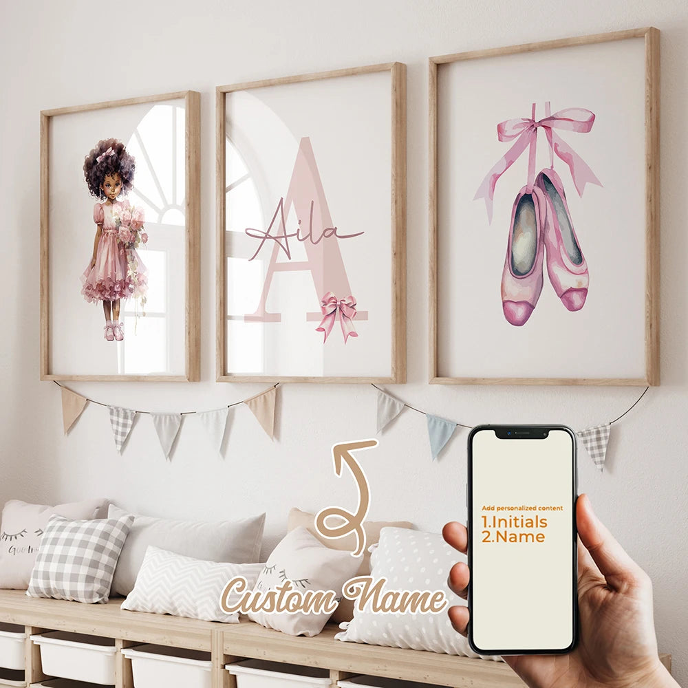 3pcs Personalized Custom Name Cartoon Child Pink Bow Wall Art Print Picture Canvas Poster Painting For Living Room Home Decor