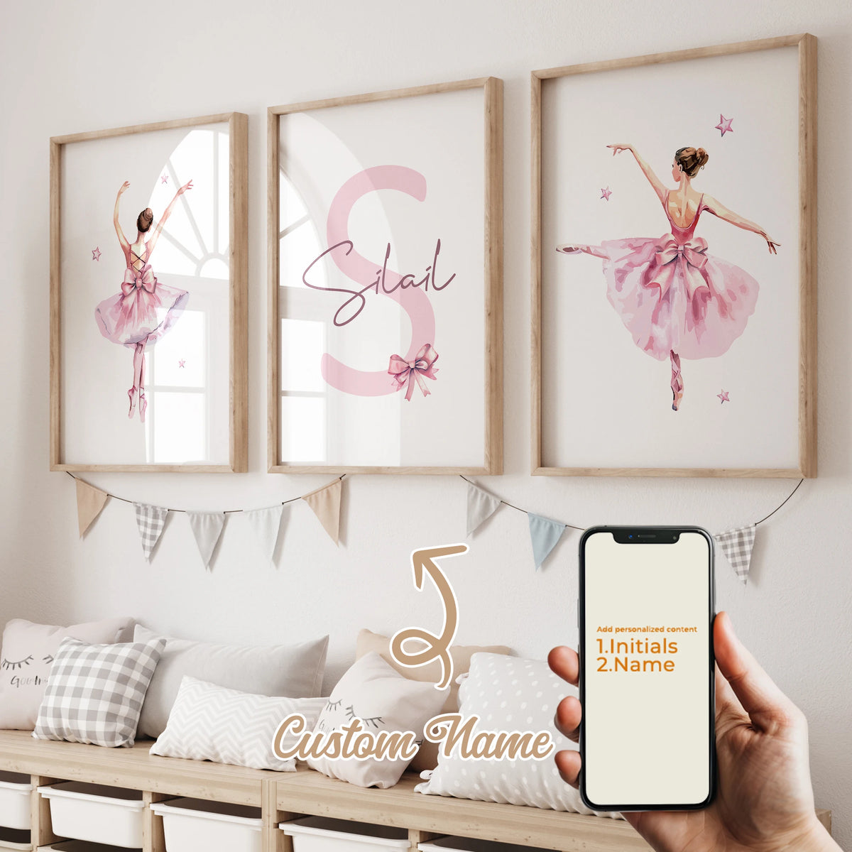 3pcs Personalized Custom Name Cartoon Child Pink Bow Wall Art Print Picture Canvas Poster Painting For Living Room Home Decor