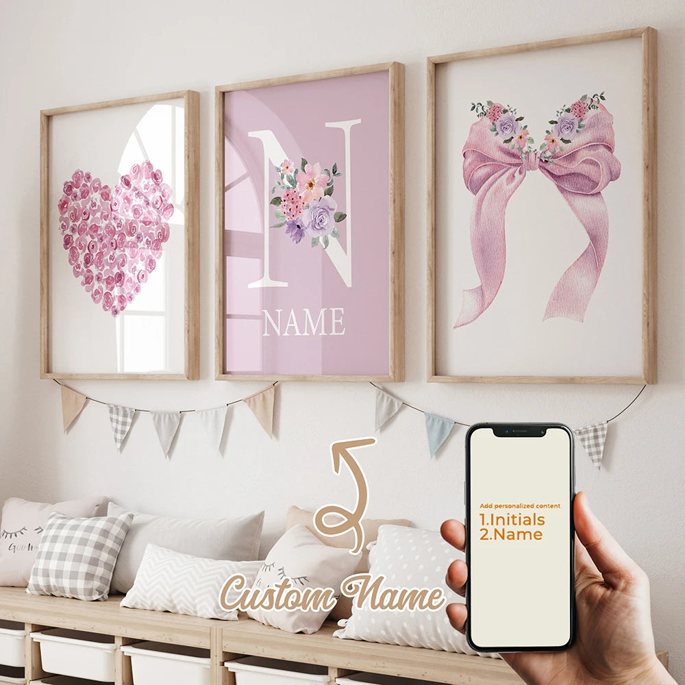 3pcs Personalized Custom Name Cartoon Child Pink Bow Wall Art Print Picture Canvas Poster Painting For Living Room Home Decor