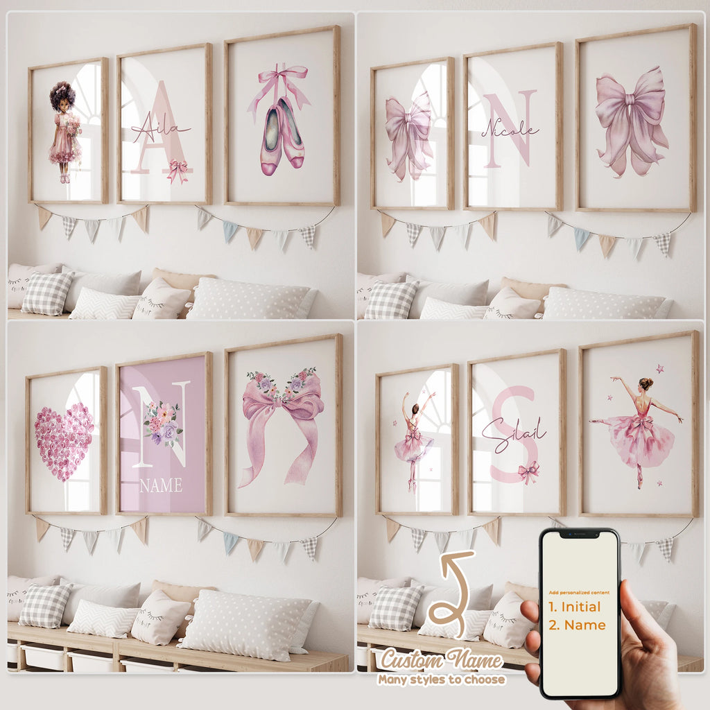 3pcs Personalized Custom Name Cartoon Child Pink Bow Wall Art Print Picture Canvas Poster Painting For Living Room Home Decor