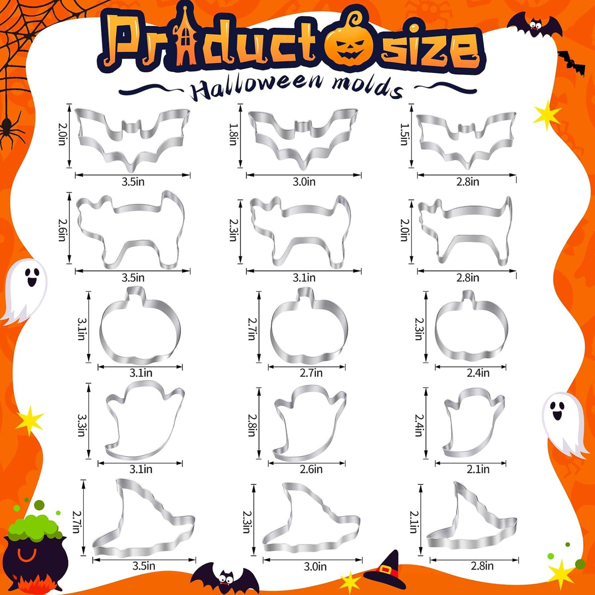 Halloween Cookie Cutters 15 Pcs Set - Stainless Steel/5 Shapes
