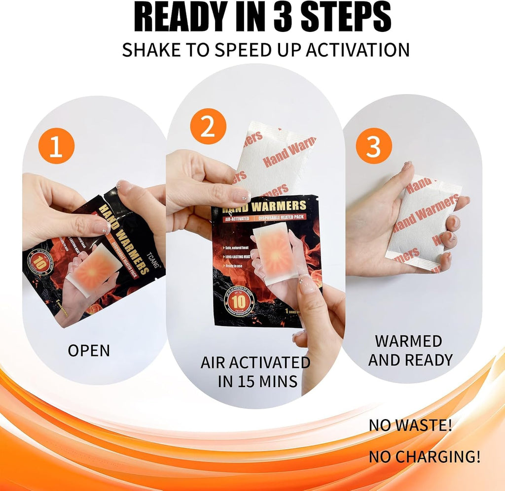 Hand Warmers Disposable - Up to 15 Hours of Heat - 10/50/100/200 Pack Super Lasting Air Activated Warmers, All Natural, Portable for Body, Hands & Toes - Odorless Hot Warmer Heater for Outdoor