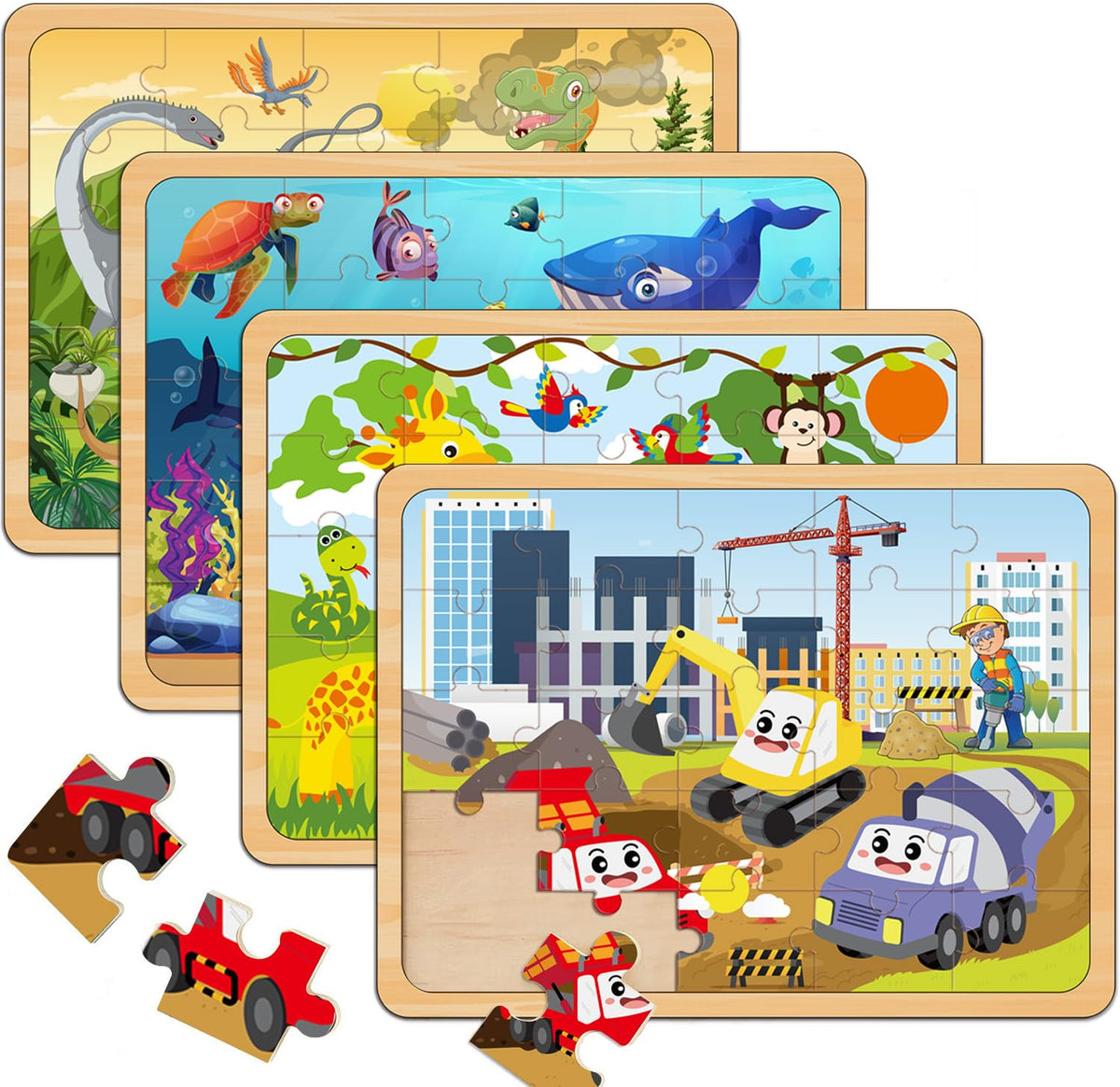 Wooden Jigsaw Puzzles for Kids Ages 4-6, 4-Pack 24-Piece Castle Puzzles Toy