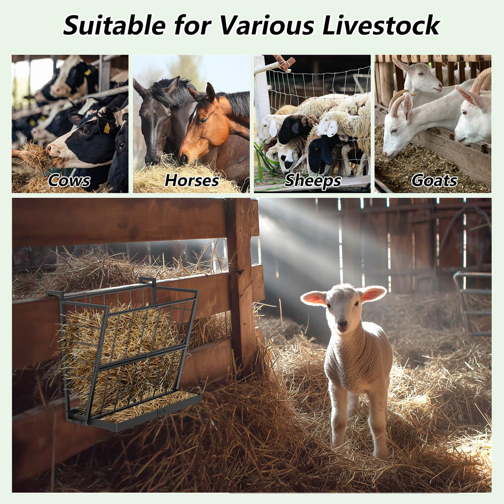2-in-1 Wall Mount Hay Feeder, Silver Grain Rack for Goats/Horses/Sheep