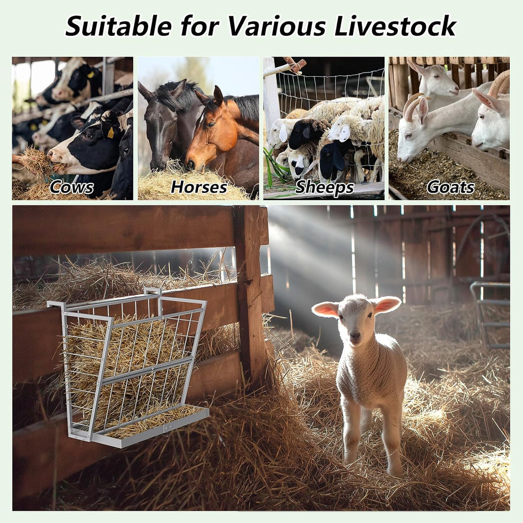 2-in-1 Wall Mount Hay Feeder, Silver Grain Rack for Goats/Horses/Sheep