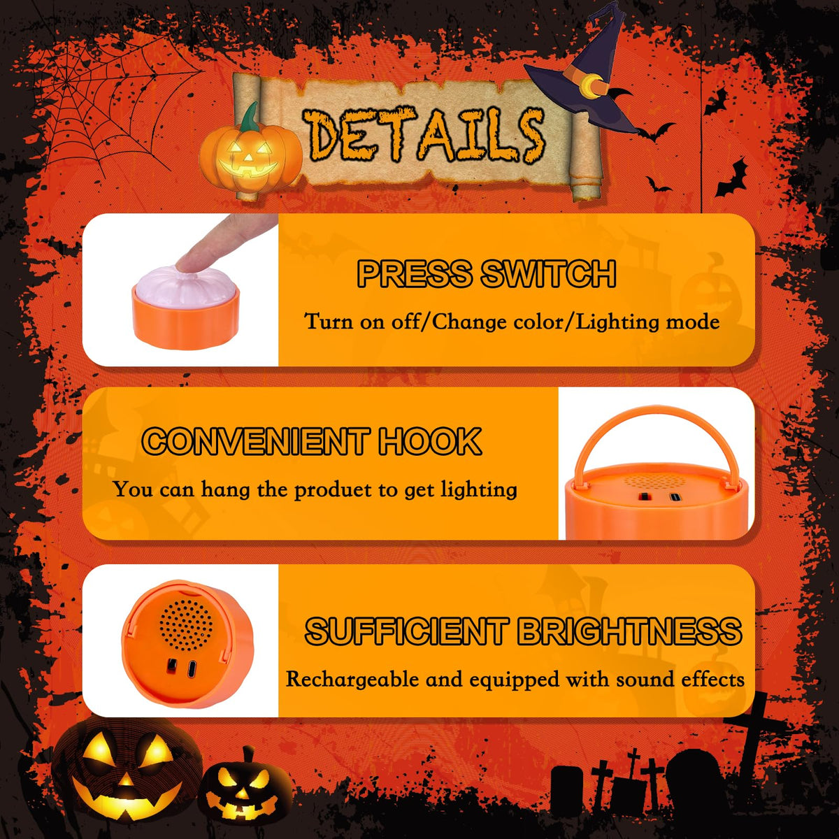 Rechargeable RGB Color Changing Halloween Pumpkin Lights with Remote Timer