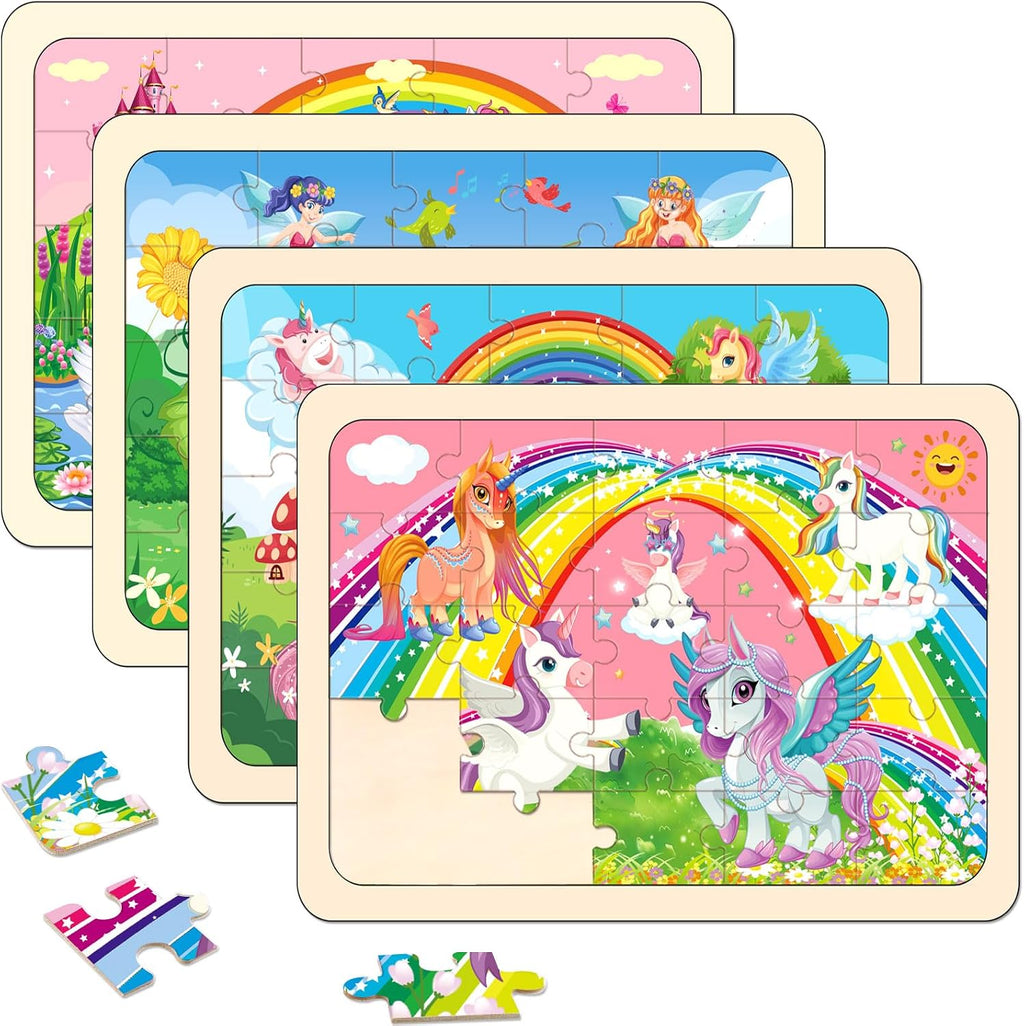 Wooden Jigsaw Puzzles for Kids Ages 4-6, 4-Pack 24-Piece Castle Puzzles Toy