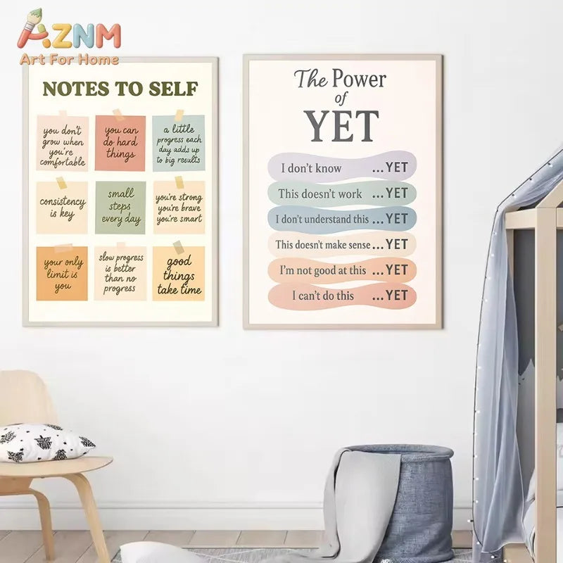 AZNM Growth Mindset Positive Affirmation Canvas Wall Art, The Power of Yet Print, Inspirational Classroom Decor Poster, No Frame