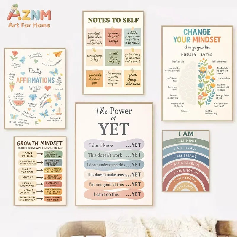 AZNM Growth Mindset Positive Affirmation Canvas Wall Art, The Power of Yet Print, Inspirational Classroom Decor Poster, No Frame