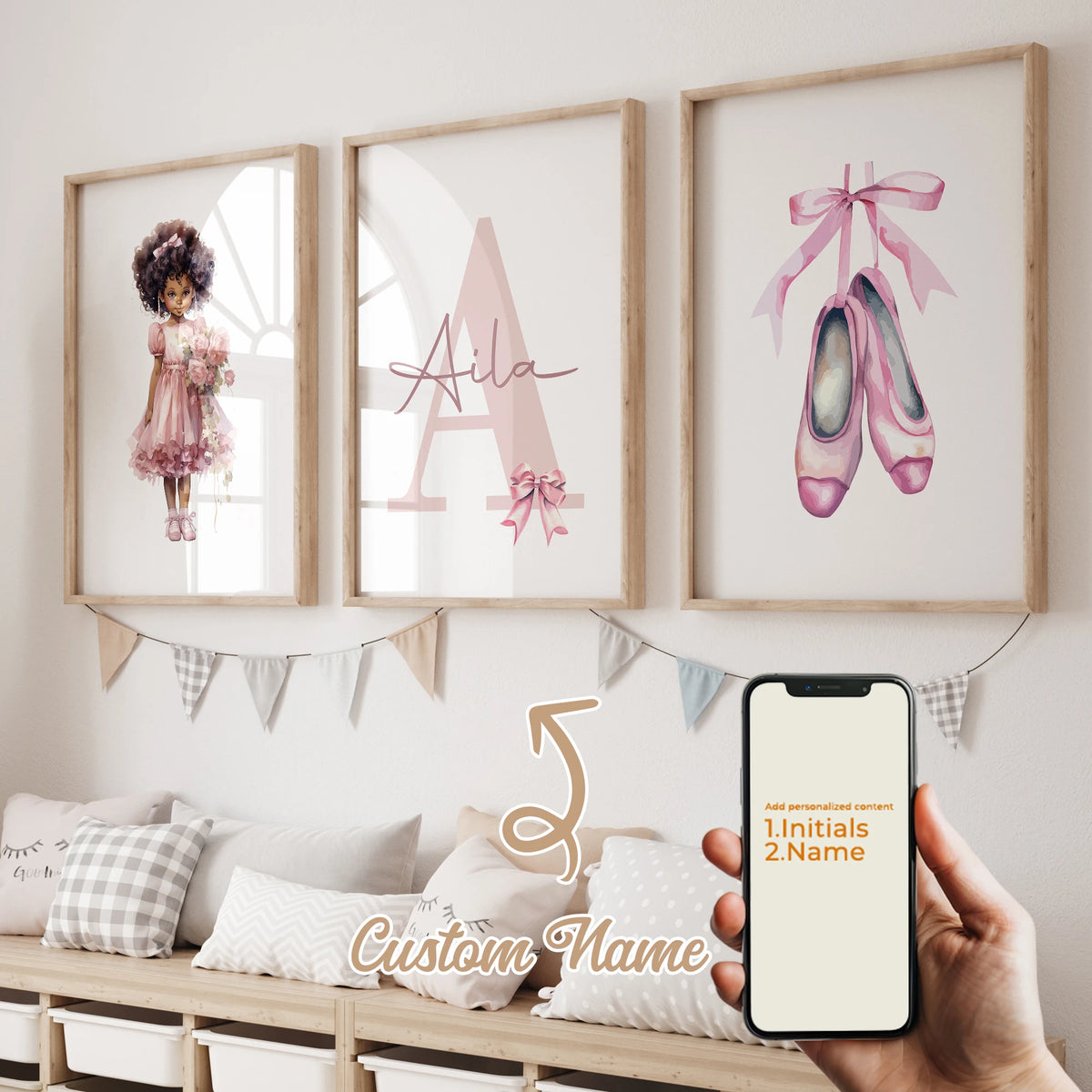 3pcs Personalized Custom Name Cartoon Child Pink Bow Wall Art Print Picture Canvas Poster Painting For Living Room Home Decor