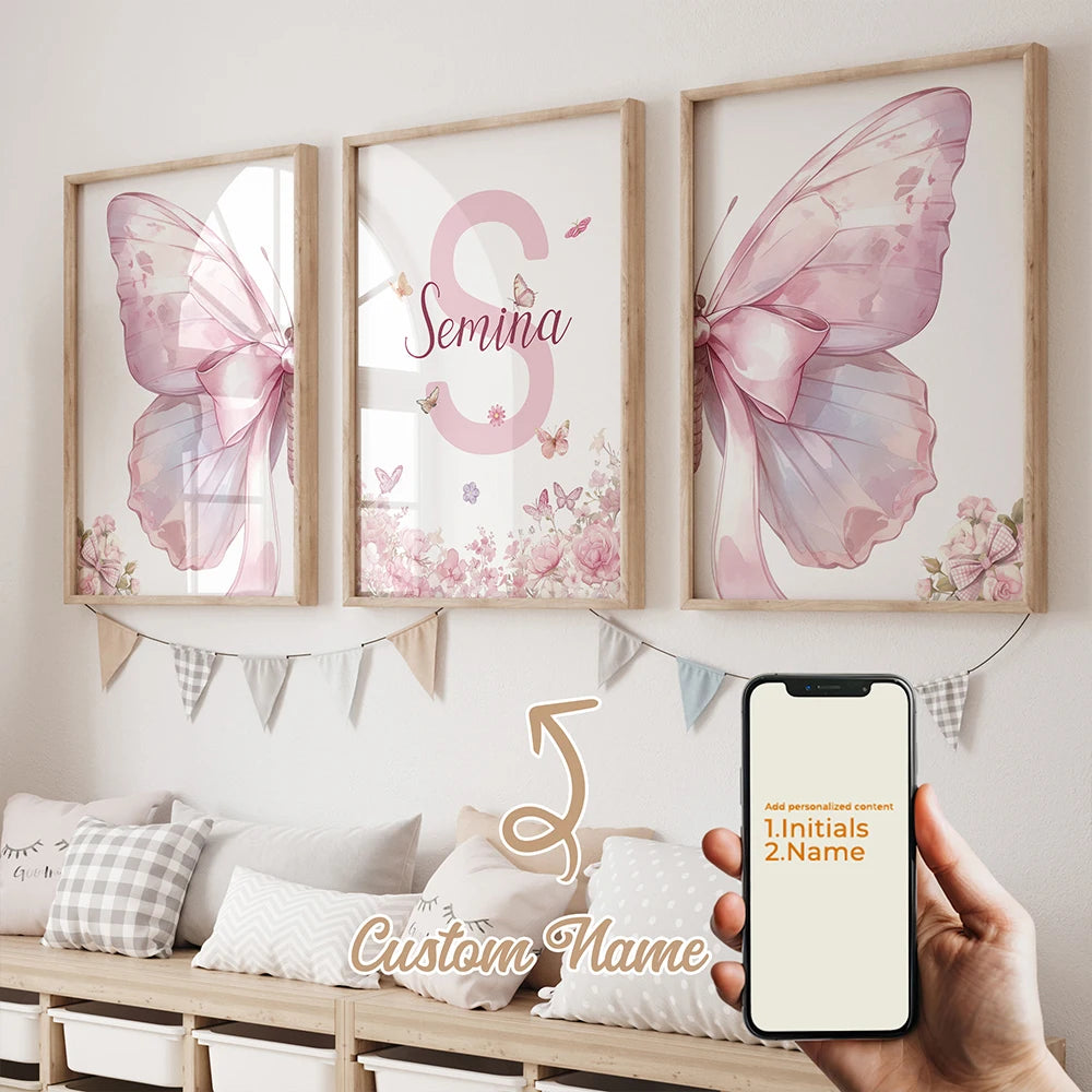 3pcs Personalized Custom Name Cartoon Child Pink Bow Wall Art Print Picture Canvas Poster Painting For Living Room Home Decor