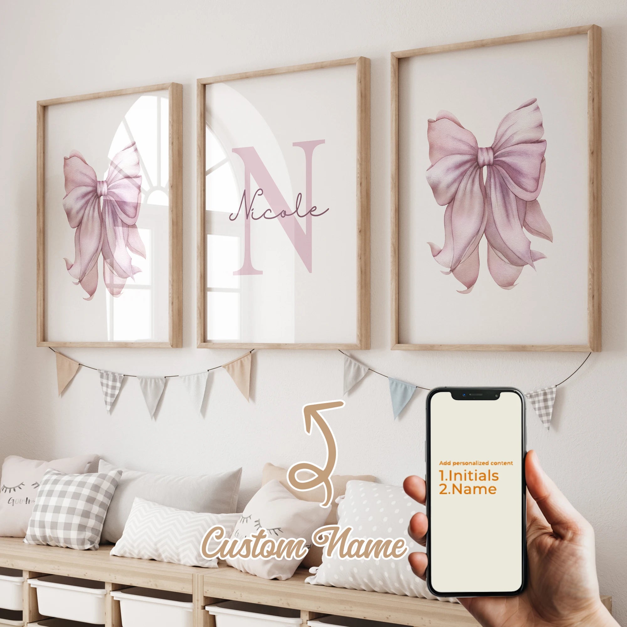 3pcs Personalized Custom Name Cartoon Child Pink Bow Wall Art Print Picture Canvas Poster Painting For Living Room Home Decor